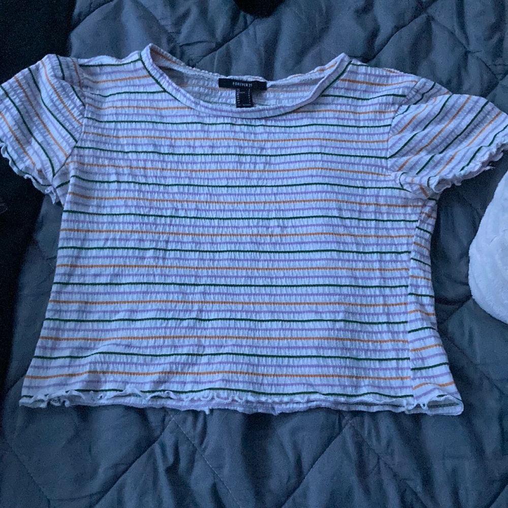 Super cute white with colorful stripes crop top ruffled cut top